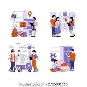Conjunto de ilustrações vetoriais mostrando cenários em imóveis e construção, incluindo venda de casas, negociação de clientes, construção de edifícios e atividades de melhoria de casas.