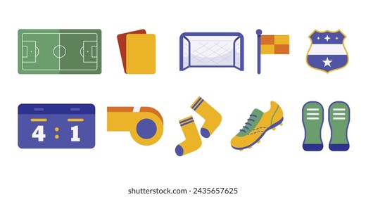 Vector illustration set showcasing soccer field, referee cards, goal, cleats, and other game essentials