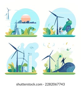Vector illustration set showcasing sustainability concepts including ESG, green energy, and sustainable industry with windmills and solar panels. Incorporates Environmental, Social, and Corporate Gove