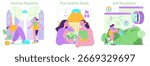 Vector illustration set showcasing three key elements of a healthy lifestyle: exercise, meal planning, and self-regulation. Features diverse characters engaging in these activities.