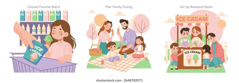 Vector illustration set showcasing three scenes. A child picking ice cream from a supermarket shelf, a family enjoying an outdoor picnic with ice cream, and children running an ice cream stand with