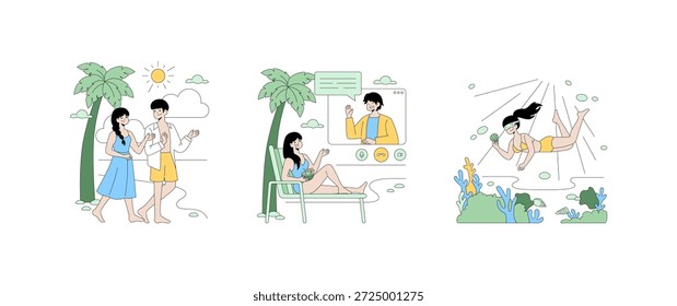 Conjunto de Ilustraciones vectoriales que muestra las actividades de vacaciones. Video Incluye una pareja caminando en una playa, una mujer disfrutando de una llamada, y una mujer buceando bajo el agua a la vida oceánica Explore.