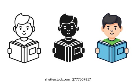 A vector illustration set showing a boy reading an open book. Includes line art, silhouette, and flat color versions.