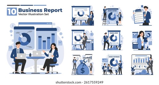Vector illustration set showing business report concept with financial audit, presentation charts, data analysis, and review