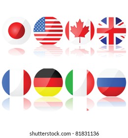 Vector illustration set showing buttons with the flags of the countries that compose the G-8 (Group of Eight)