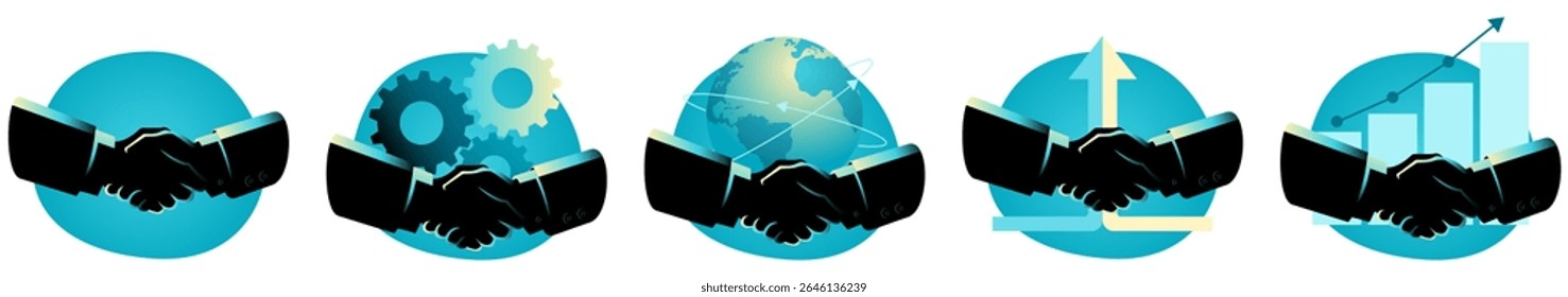 Vector illustration set showing handshakes symbolizing successful business partnerships, collaboration, and teamwork.