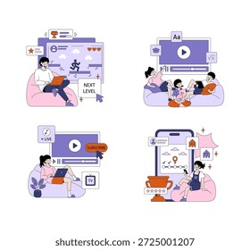 Conjunto de ilustrações vetoriais mostrando pessoas interagindo com conteúdo digital. Inclui jogos, streaming e mídias sociais em diferentes dispositivos, em configurações residenciais relaxadas.