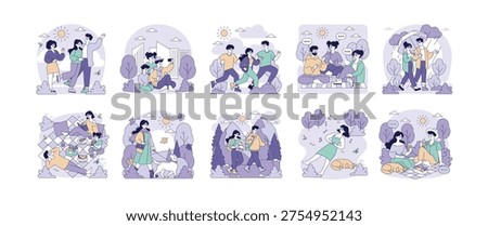 Vector illustration set showing people enjoying outdoor activities. Scenes include biking, hiking, and picnicking, capturing joyful interactions in different natural settings.