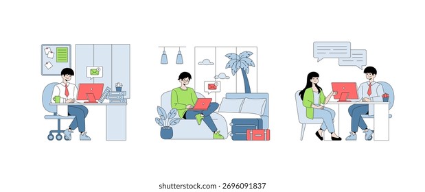 Conjunto de Ilustración vectorial que muestra a una persona trabajando en una oficina, otra en un sofá con una computadora portátil y una reunión entre un hombre y una mujer. Ideal para conceptos de negocio y trabajo remoto.