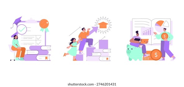 Vector illustration set showing three scenes of academic success strategies: achieving goals, climbing educational hurdles, and financial planning for future growth and success.