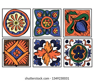 Vector illustration set of Sicilian pottery ornaments doodles in orange and blue colours isolated on white background. Decor cute