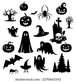 Vector illustration. Set of silhouette Halloween stickers. Creepy witches spiders pumpkins bats.