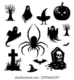 Vector illustration. Set of silhouette Halloween stickers. Creepy witches spiders pumpkins bats.