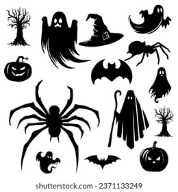 Vector illustration. Set of silhouette Halloween stickers. Creepy witches spiders pumpkins bats.