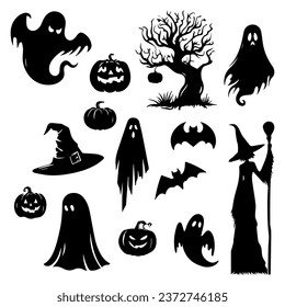 Vector illustration. Set of silhouette Halloween stickers. Creepy witches spiders pumpkins bats.