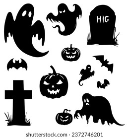 Vector illustration. Set of silhouette Halloween stickers. Creepy witches spiders pumpkins bats.