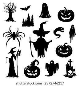 Vector illustration. Set of silhouette Halloween stickers. Creepy witches spiders pumpkins bats.