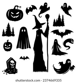 Vector illustration. Set of silhouette Halloween stickers. Creepy witches spiders pumpkins bats.