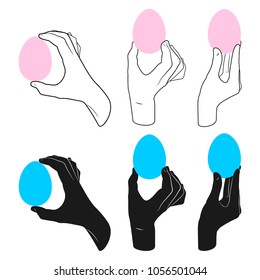 Vector illustration set silhouette of a humans hands hold color eggs. Pictograms for happy easter cards
