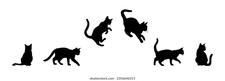 Vector illustration. Set of silhouettes of cats in different poses. Animal movement.