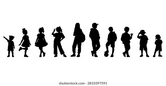 Vector illustration. A set of silhouettes of children of different ages. Teenagers.	