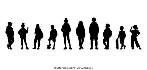 Vector illustration. A set of silhouettes of children of different ages. Teenagers.	
