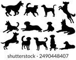 Vector illustration. Set of silhouettes of dogs of different breeds in different poses.