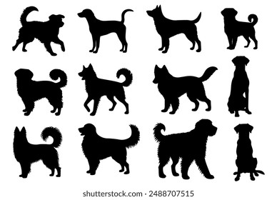 Vector illustration. Set of silhouettes of dogs of different breeds in different poses.