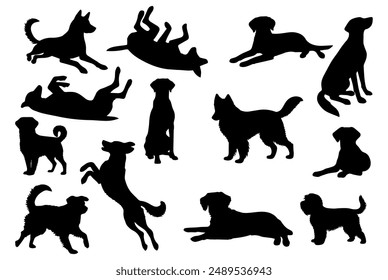 Vector illustration. Set of silhouettes of dogs of different breeds in different poses.