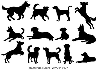 Ilustración vectorial. Conjunto de siluetas de perros de diferentes razas en diferentes poses.