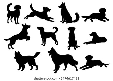 Vector illustration. Set of silhouettes of dogs of different breeds in different poses.