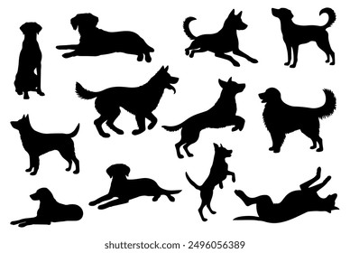 Vector illustration. Set of silhouettes of dogs of different breeds in different poses.