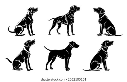 Vector illustration. Set of silhouettes of dogs of different breeds in different poses. Dog Silhouettes vector