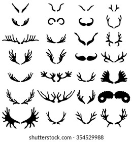 Vector illustration set of silhouettes horns. Hand-drawn design elements for decorating cards, vintage invitation cards and other.