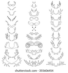 Vector illustration set of silhouettes horns. Hand-drawn design elements for decorating cards, vintage invitation cards and other.