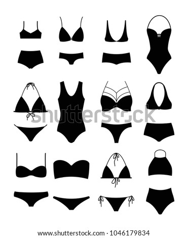 Vector illustration set of silhouettes of modern swimsuits and women s underwear on white background. Bikini set for girls.