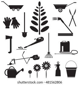 Vector illustration set  silhouettes  objects of garden tools and accessories.