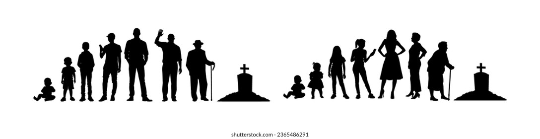 Vector illustration. Set of silhouettes of people. Growing up from infancy.
