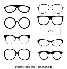 Vector illustration set of silhouettes sunglasses isolated on white color background. Glasses model icons in trendy and vintage, hipster shapes, different 80th and 90th style.