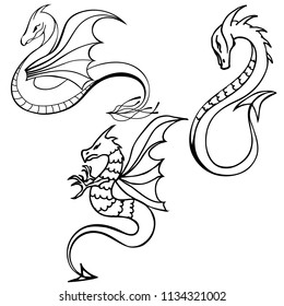 Vector illustration set of silhouettes of three dragons.