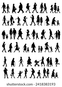 Ilustración vectorial. Conjunto de siluetas de gente caminando. Camina. Pegatina. Minimalismo.