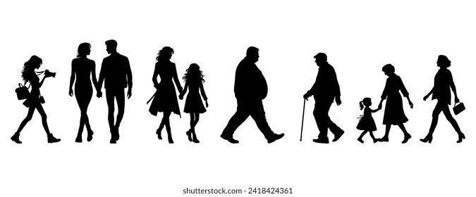 Vector illustration. Set of silhouettes of walking people. Walk. Sticker. Minimalism.