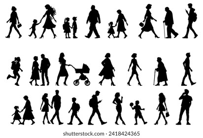Vector illustration. Set of silhouettes of walking people. Walk. Sticker. Minimalism.