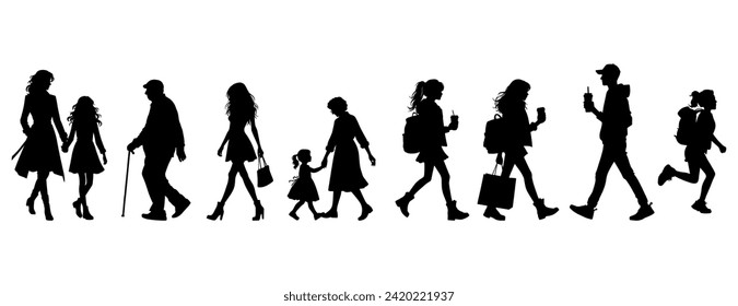 Ilustración vectorial. Conjunto de siluetas de gente caminando. Camina. Pegatina. Minimalismo.