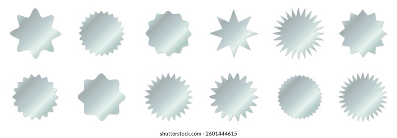 Vector illustration set of silver shiny zigzag wavy frames. Silver medal sticker. Starburst shape with jagged edges.