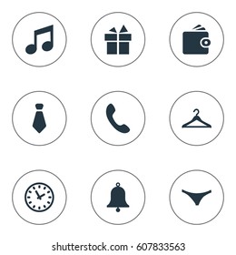 Vector Illustration Set Of Simple Accessories Icons. Elements Ring, Billfold, Hanger And Other Synonyms Purse, Music And Watch.