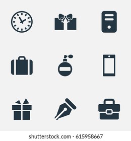 Vector Illustration Set Of Simple Accessories Icons. Elements Mobile Phone, Gift, Time And Other Synonyms Nib, Bag And Pen.