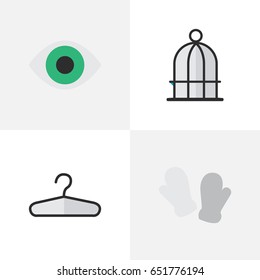 Vector Illustration Set Of Simple Accessories Icons. Elements Hand Cloth, Birdcage, Clothes Hook Synonyms Winter, Eye And View.