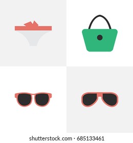 Vector Illustration Set Of Simple Accessories Icons. Elements Sunglasses, Lingerie, Woman Bag And Other Synonyms Handbag, Woman And Sunglasses.