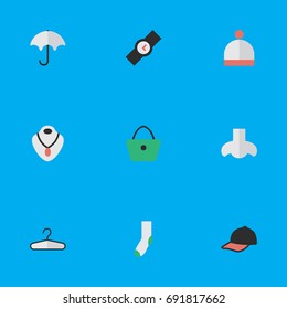 Vector Illustration Set Of Simple Accessories Icons. Elements Jewelry, Sock, Parasol And Other Synonyms Foot, Nose And Time.